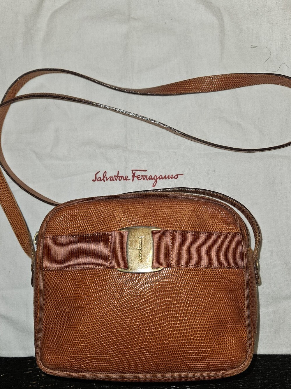 Salvatore Ferragamo Brown Leather Lizard-Embossed Crossbody